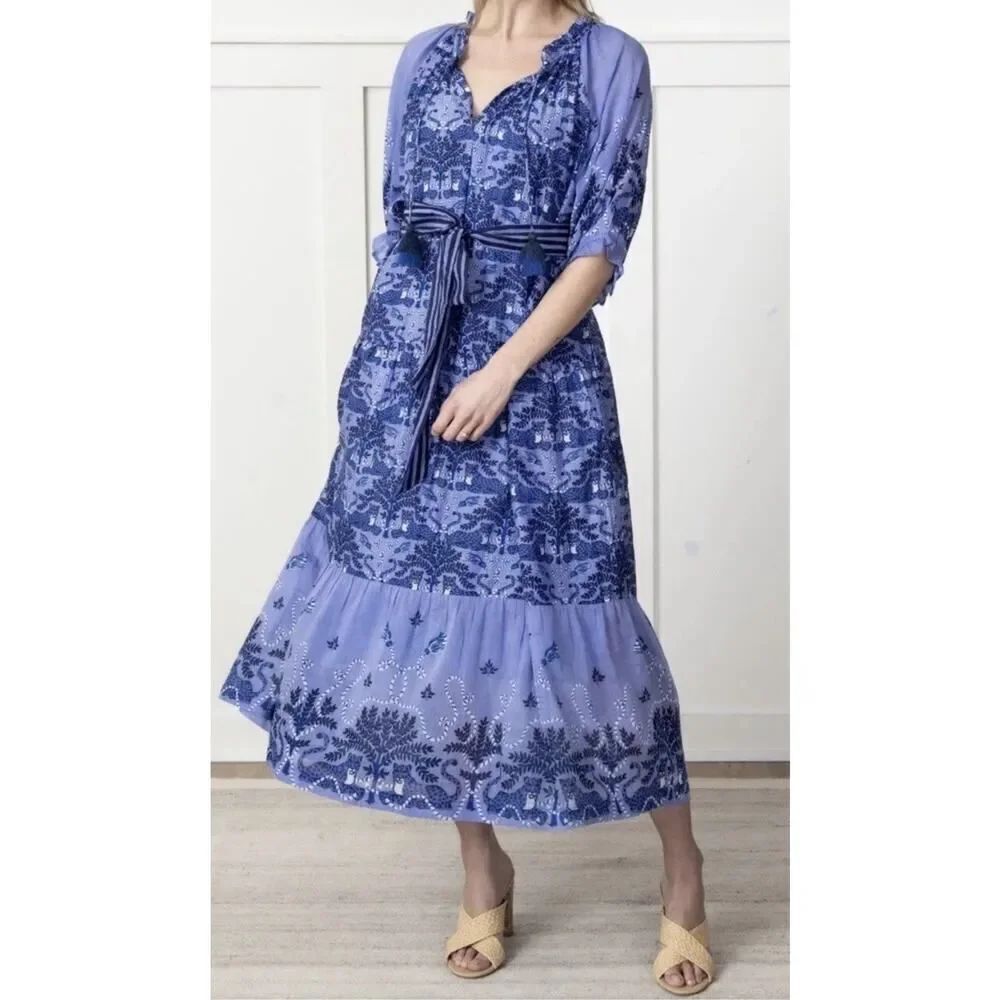 Printfresh Blue Maxi Dress Medium Silk Cotton Blend Boho Animal Print